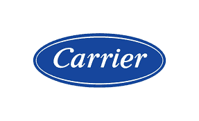The Carrier logo, which represents the reliable cooling and heating solutions provided by our team, features white text set inside a professional blue oval.